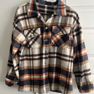Women’s Large Shacket Blue brown Orange Plaid Button Up